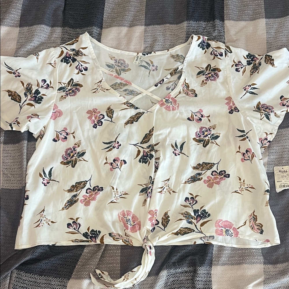 Mudd White Floral Tie-Front Blouse
